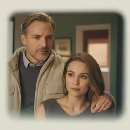 a woman stands next to a man in a room