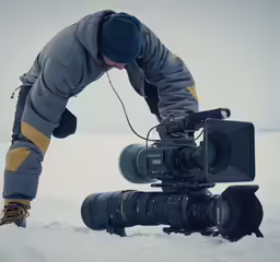 a person bends down to inspect a camera