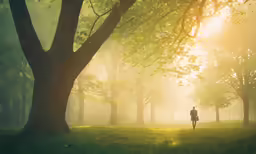 the silhouette of a person in a park on a foggy day