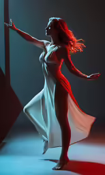 a woman in white is holding her hand out