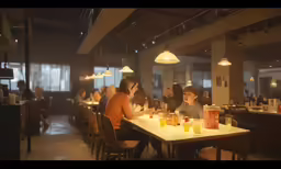 a woman and her son eating in a restaurant