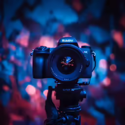 a camera is set up in front of a blue background