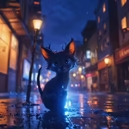 a cat standing in the rain under a street light