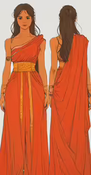 two female in orange dress with one of the dresses draped over