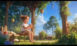 a little girl sitting on top of a wooden chair