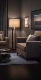 two brown chairs and a chair lamp on a wooden table