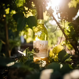 a bottle of wine with a label placed in some green plants