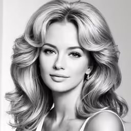 the blonde haired woman with wavy hair poses for a photo