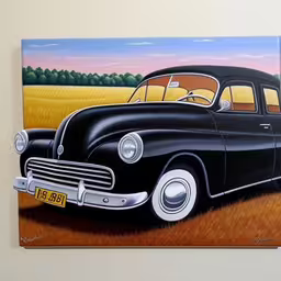 a black car sits next to a yellow field,a painting of a car is hanging on a wall