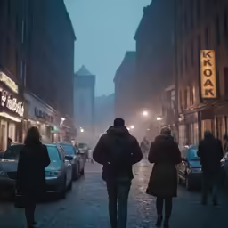 a group of people are walking down a wet street