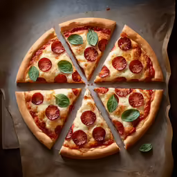 a pizza with cheese, pepperoni and leaves