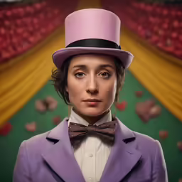 the girl in a hat and bow tie poses for the camera