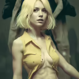 a girl is posing with a bunch of women in the background