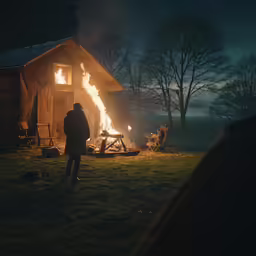 a man standing in front of a bonfire in a field