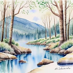 an artistic scene of a river and trees in the woods