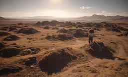 young boy walking across the desert towards mountains