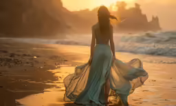 a woman in a flowing dress stands at the edge of the ocean at sunset