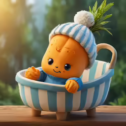 a teddy bear with blue and white stripes and a green hat