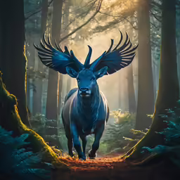an animal with long horns walking through a forest