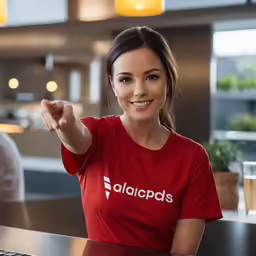 smiling woman wearing a adidas shirt and pointing to the camera