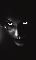 woman staring down with white and black eyes