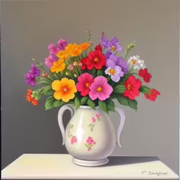 /tmp/FOOJ1Gc1l.jpg = there is an oil painting of some flowers in the pitcher
,/tmp/FOOJ1Gc1l.jpg = painting of an old pitcher of flower arrangement
,/tmp/FOOJ1Gc1l.jpg = a white vase full of colorful flowers on a white table
,/tmp/FOOJ1Gc1l.jpg = a painting of a flower vase on a table
,/tmp/FOOJ1Gc1l.jpg = a painting of a pitcher full of flowers
,/tmp/FOOJ1Gc1l.jpg = painting of an oil vase filled with flowers
,/tmp/FOOJ1Gc1l.jpg = a painting of a vase full of colorful flowers
