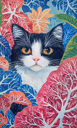 a painting of a cat surrounded by flowers
