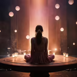 a woman sitting on a table with candles around