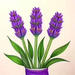 purple flowers in a vase are depicted on the white background,a picture of purple flowers in a blue pot