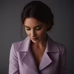 a young woman in a purple coat looking down