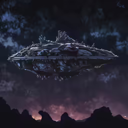 a computer artwork of a ship floating in space