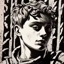 a painting of a boy with a concerned look