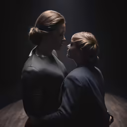 two women stand side by side in a spotlight