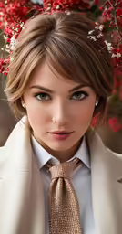a beautiful young woman wearing a gold tie and a flower wreath