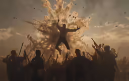 there is a man leaping in the air with arms out