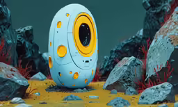 an odd object near some rocks and grass