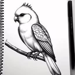 a black and white drawing of a bird sitting on a tree branch