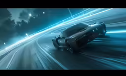 an abstract, futuristic image shows an suv driving down the highway in a foggy night
