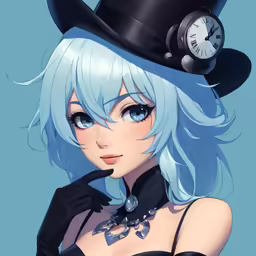 a woman in a top hat with a clock on her shoulder