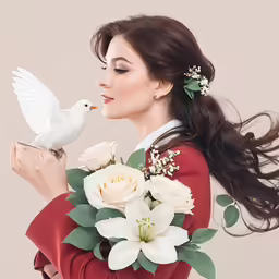 a beautiful woman in a red sweater holding white flowers with a bird