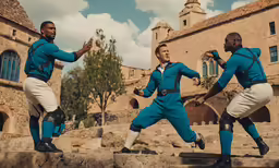 three guys dressed in blue perform with their hands