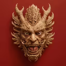 a creepy mask with large horns and huge fangs