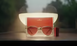 sunglasses and box on counter in front of window