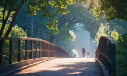 a man and woman walk over a small bridge