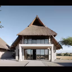 an outdoor house with large windows and a thatched roof