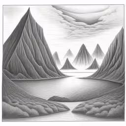 a pencil drawing of some mountains with a lake,a drawing with some mountains in the background,an abstract drawing of mountains and lake,pencil drawing landscape with mountains and sea,an artistic drawing with a mountain and water in the background