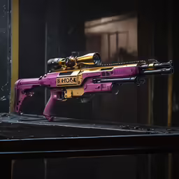 the yellow and pink rifle is ready to be used