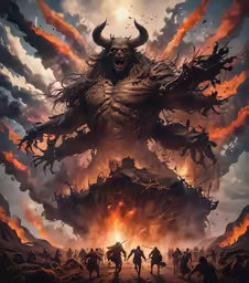 a very big demonic creature with a huge fire in his mouth
