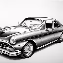 an old fashion car is sketched in pencil,a drawing of a silver car with some interesting features