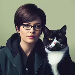 a woman and a black and white cat